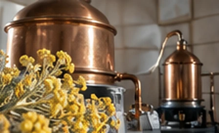 Copper distillation equipment and flowers — Editorial illustration